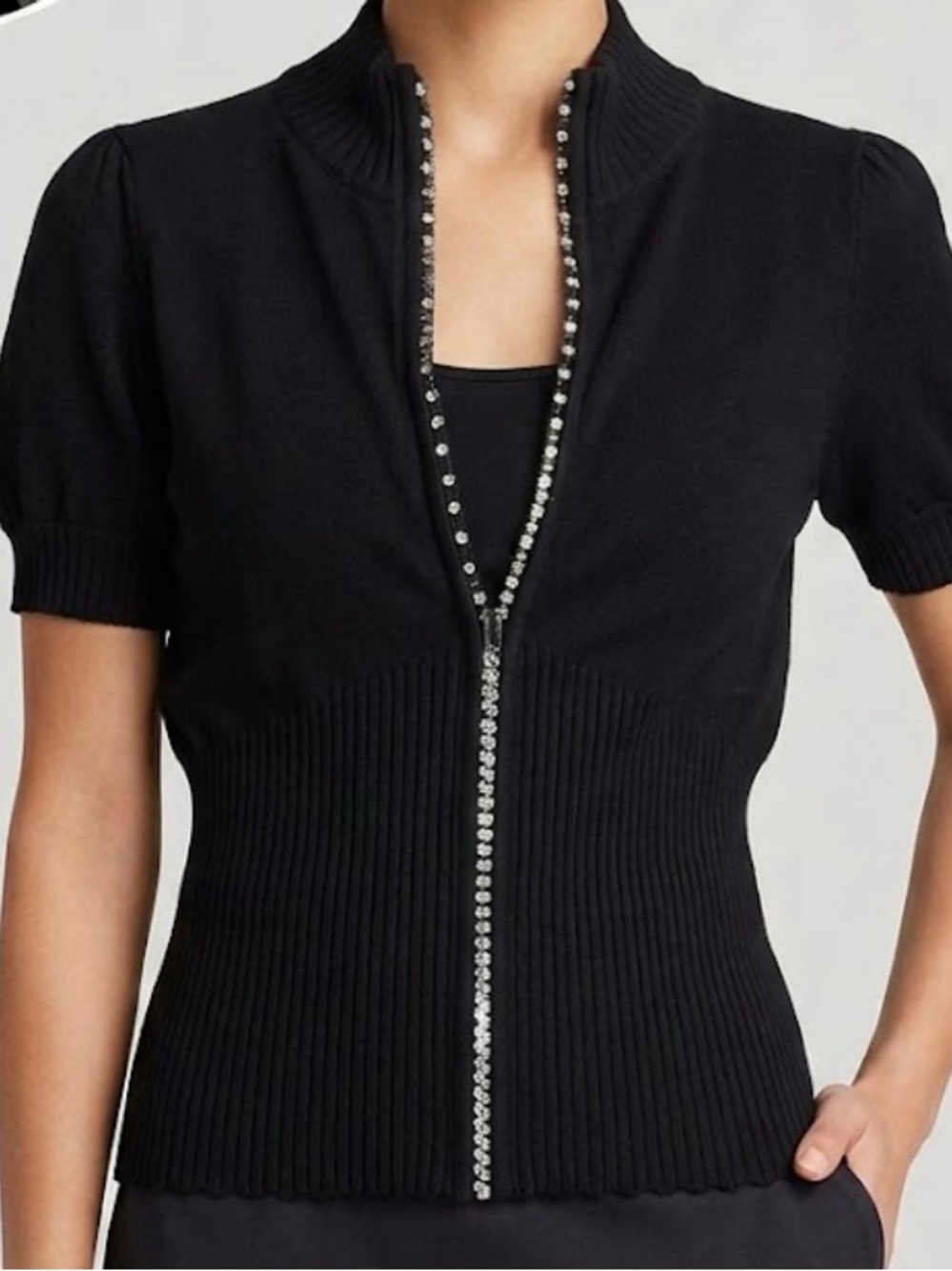 Belldini Knit Sweater - Black Short Sleeve Rhinestone Zip-Up Top